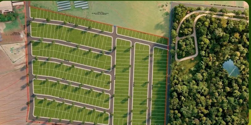 Planta aérea do loteamento Altos do Horto: à esquerda a malha de quadras e lotes com ruas arborizadas; à direita a área de mata nativa preservada com um lago