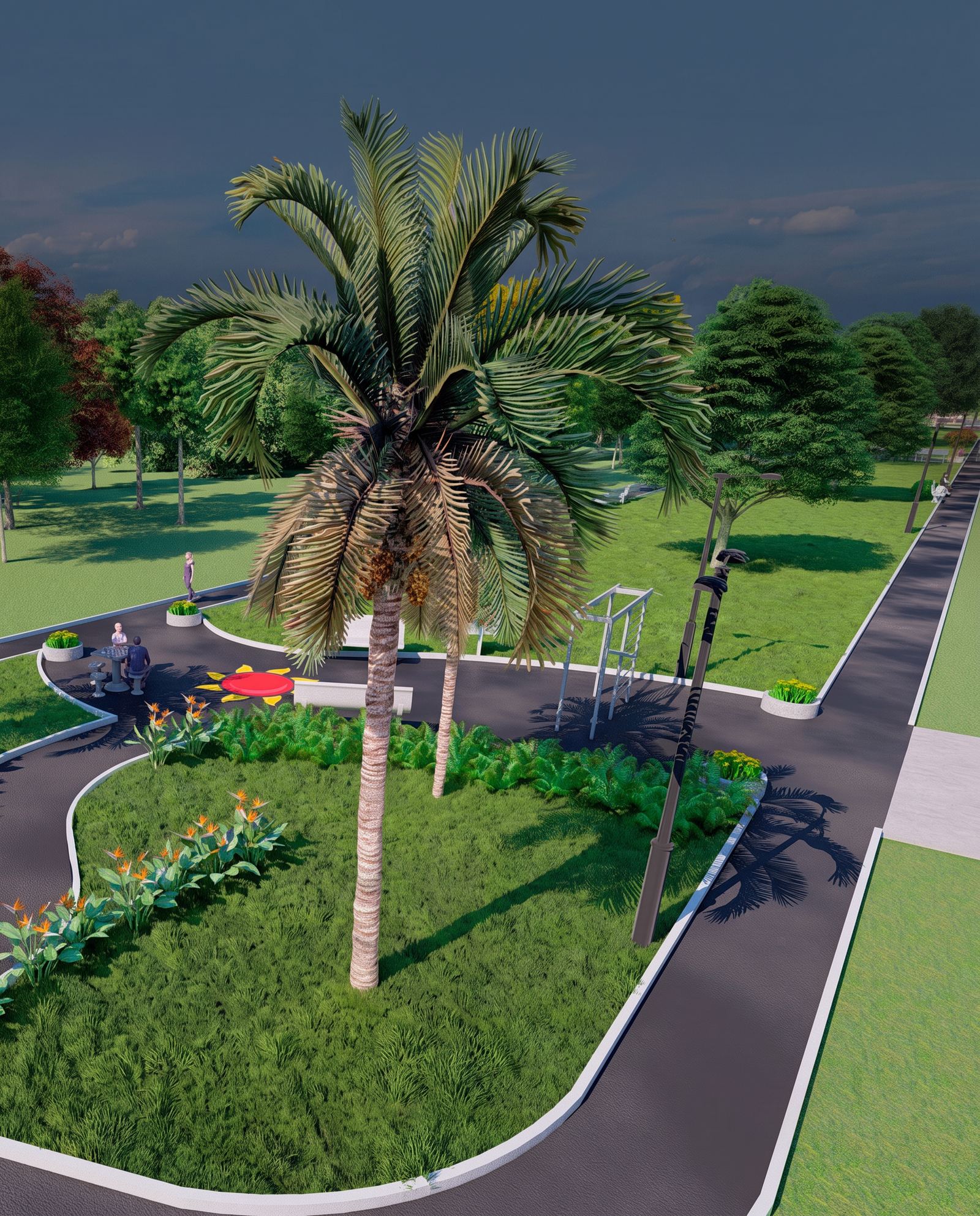 Pista de caminhada arborizada do Altos do Horto ao entardecer, com palmeiras e canteiros floridos