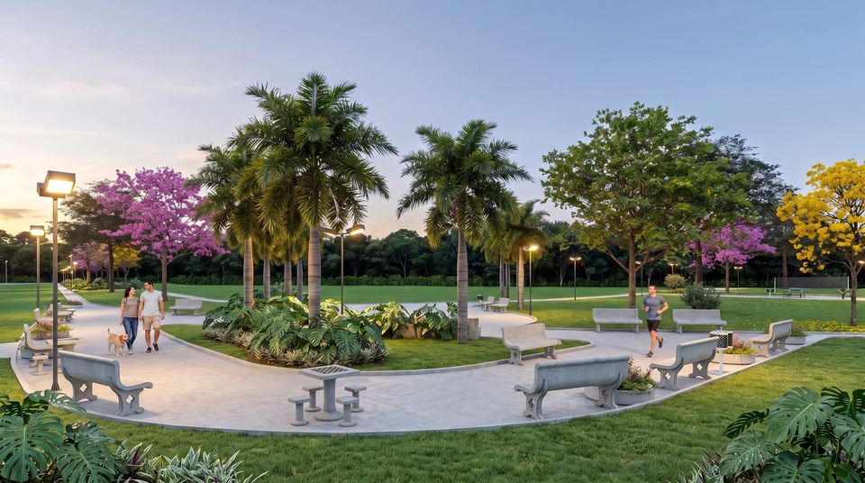 Praça ao entardecer com palmeiras, canteiros de folhagens, bancos de concreto, mesa de xadrez e pessoas caminhando