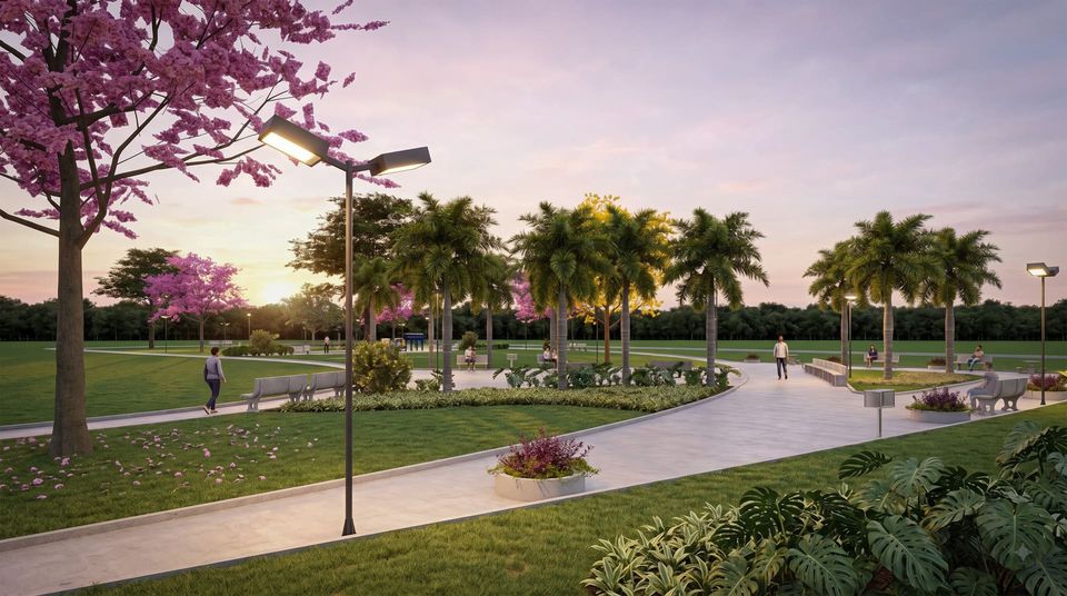 Pôr do sol na praça, com ipê rosa em primeiro plano, poste aceso, palmeiras e pessoas caminhando e sentadas nos bancos